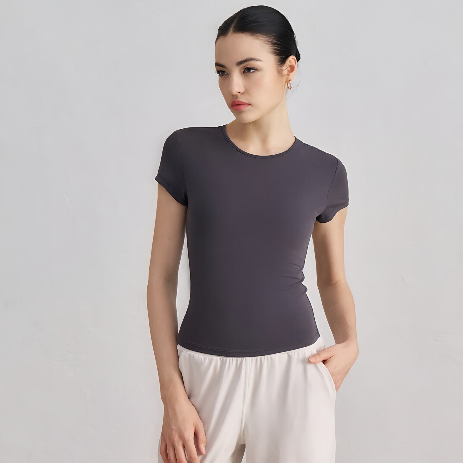 Women Barely There Yoga T-Shirt Fitted Waist Slimming Casual Top
