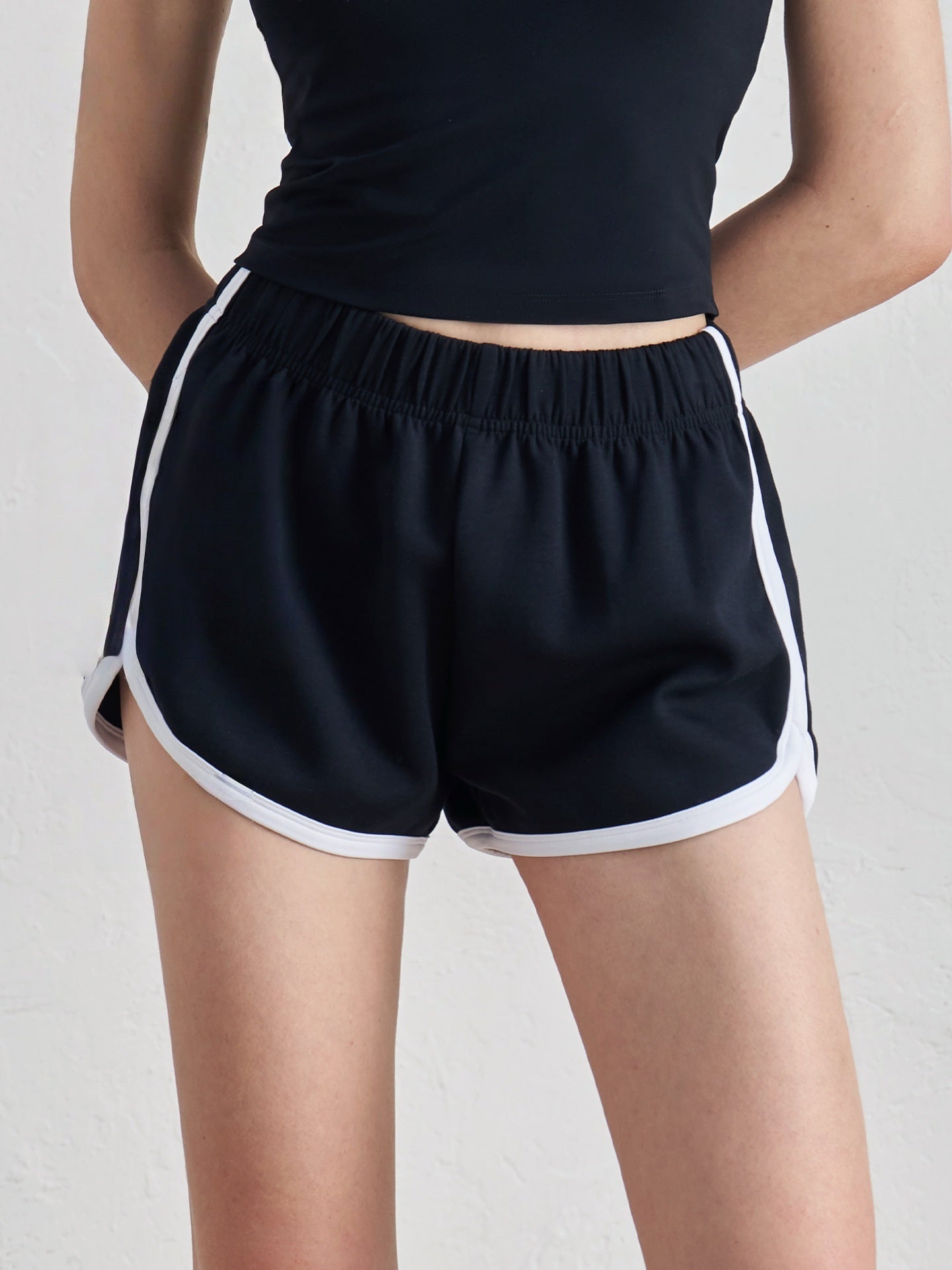 Women High Waist Retro Color Block Shorts Elastic Waist Side Slit