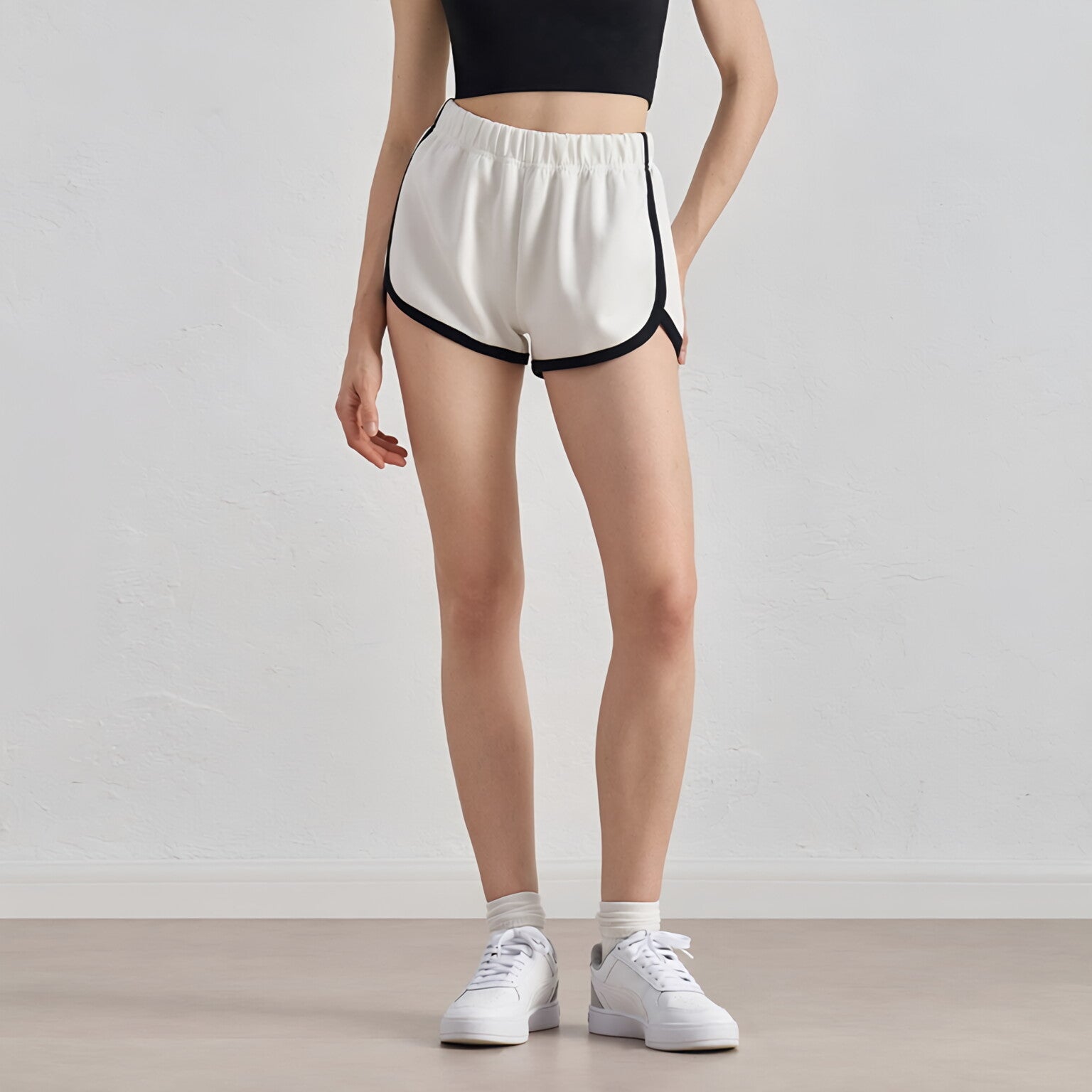 Women High Waist Retro Color Block Shorts Elastic Waist Side Slit