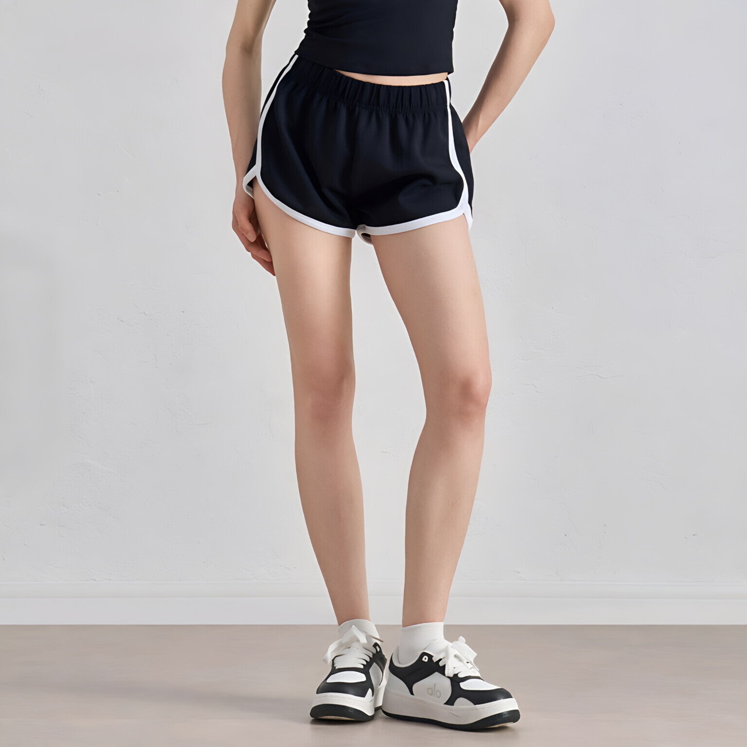 Women High Waist Retro Color Block Shorts Elastic Waist Side Slit