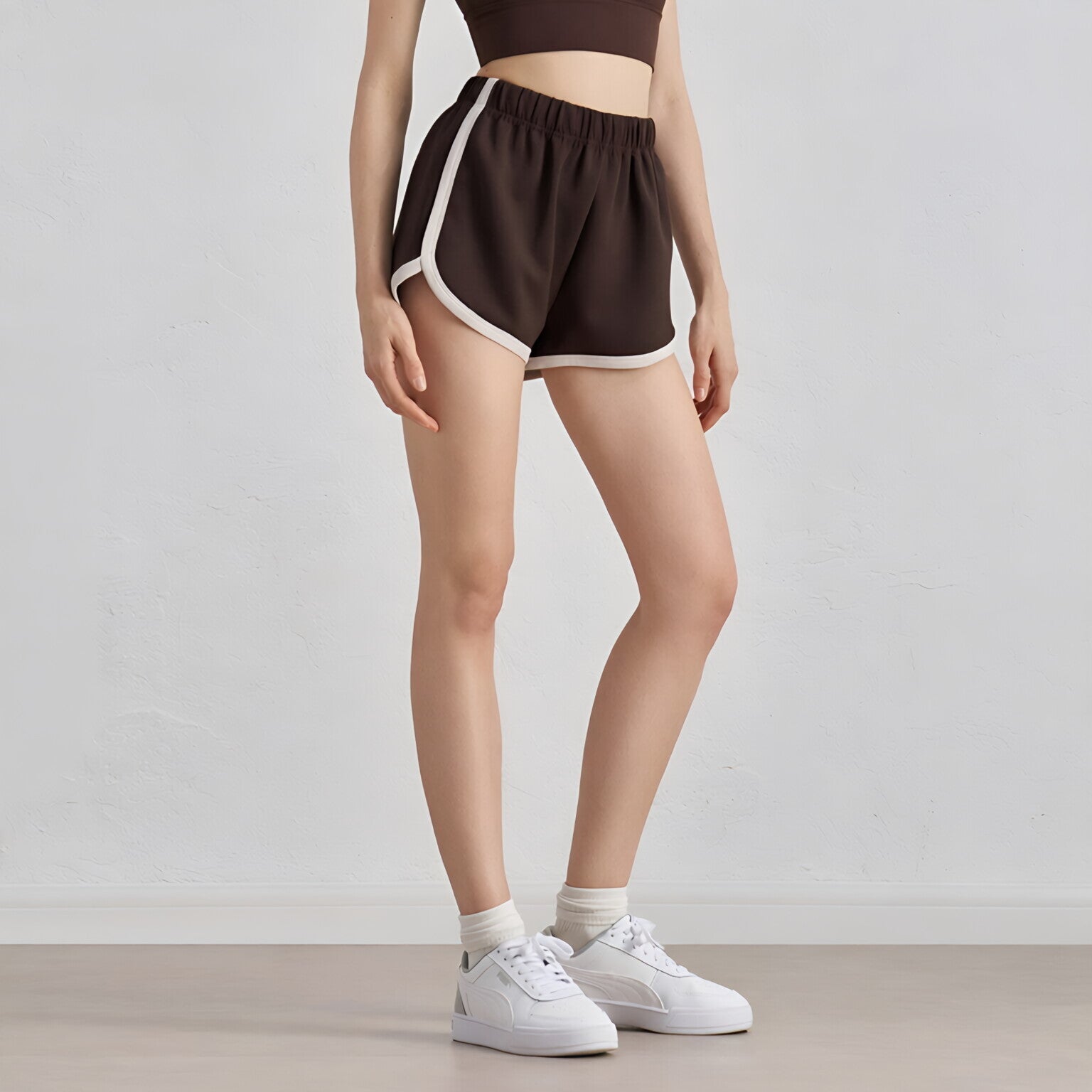 Women High Waist Retro Color Block Shorts Elastic Waist Side Slit