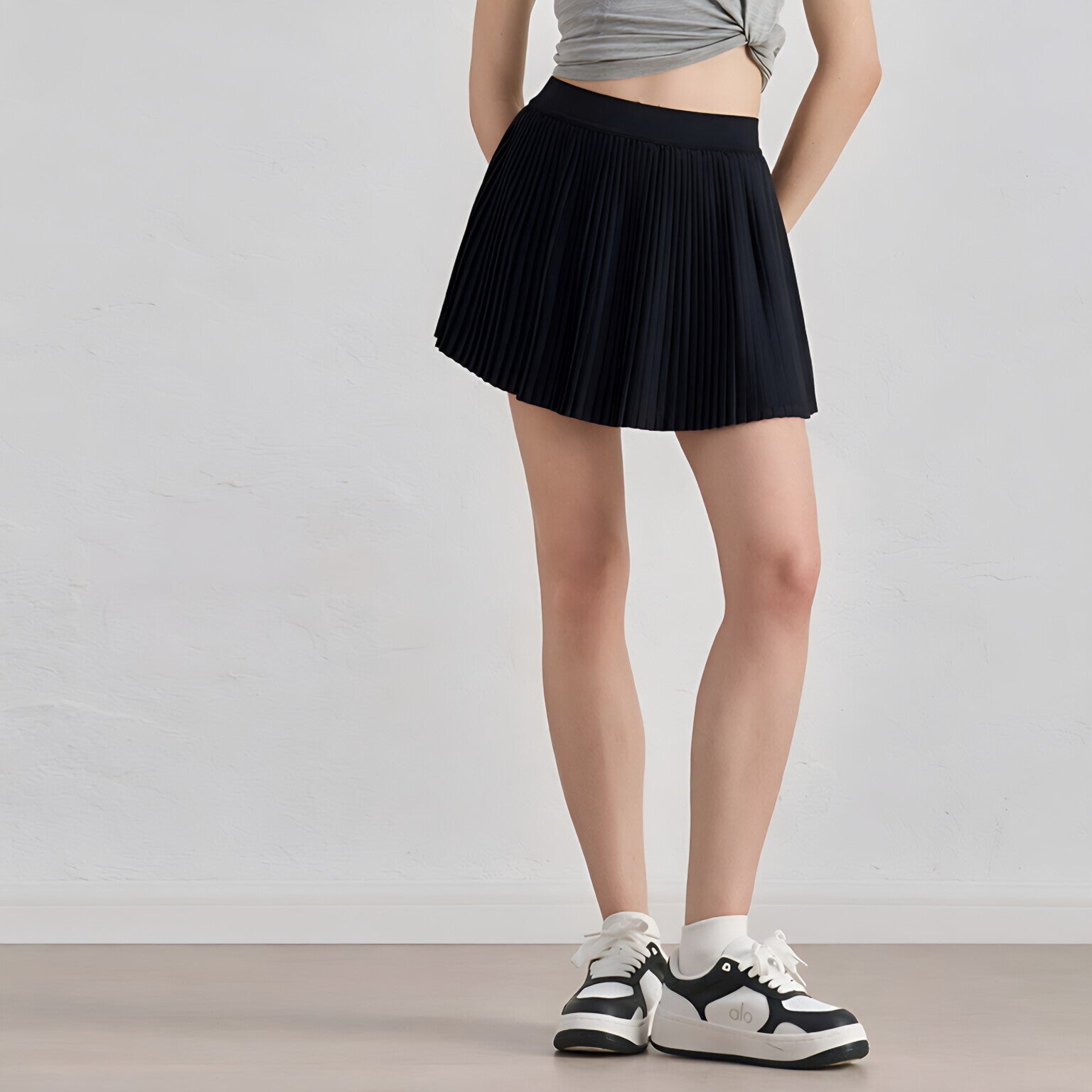 Women High Waist Tennis Skirt Anti-Slip Waist Pleated Side Pockets Casual
