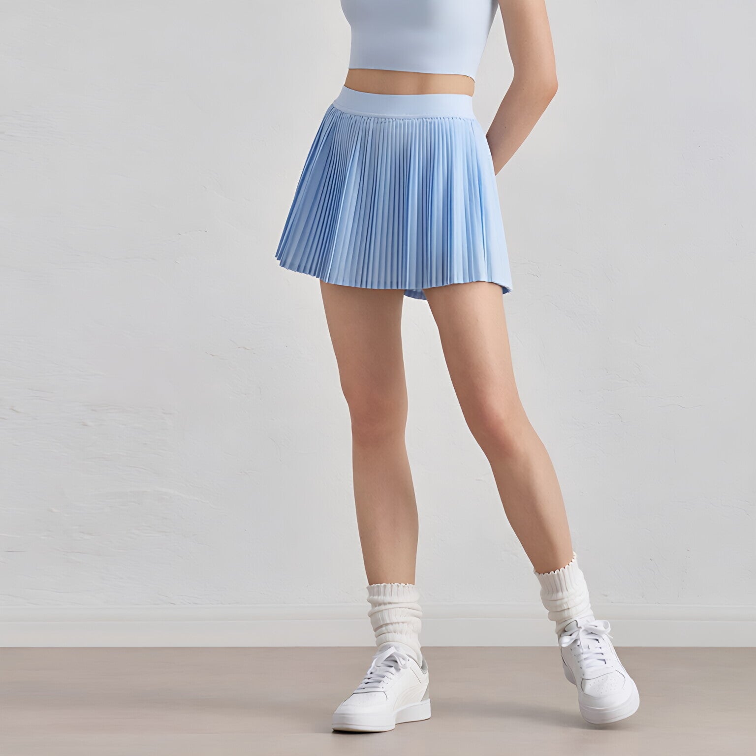 Women High Waist Tennis Skirt Anti-Slip Waist Pleated Side Pockets Casual