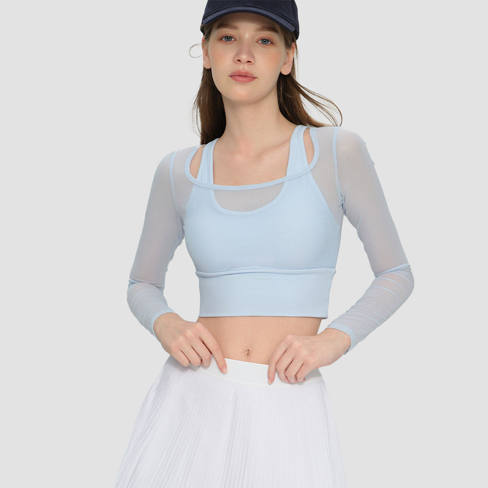 Women Long Sleeve Workout Top Built-in Bra Mesh Panel Gym Fitness Shirt Quick Dry