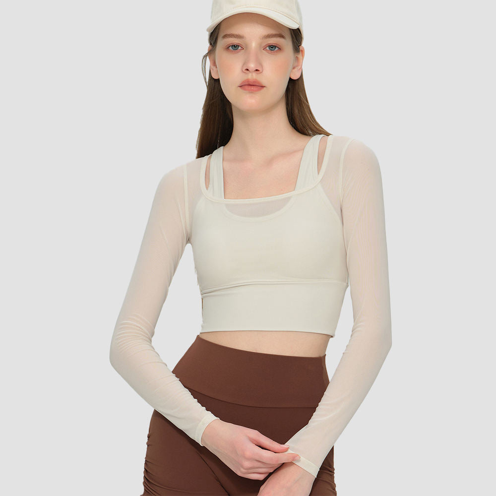 Women Long Sleeve Workout Top Built-in Bra Mesh Panel Gym Fitness Shirt Quick Dry