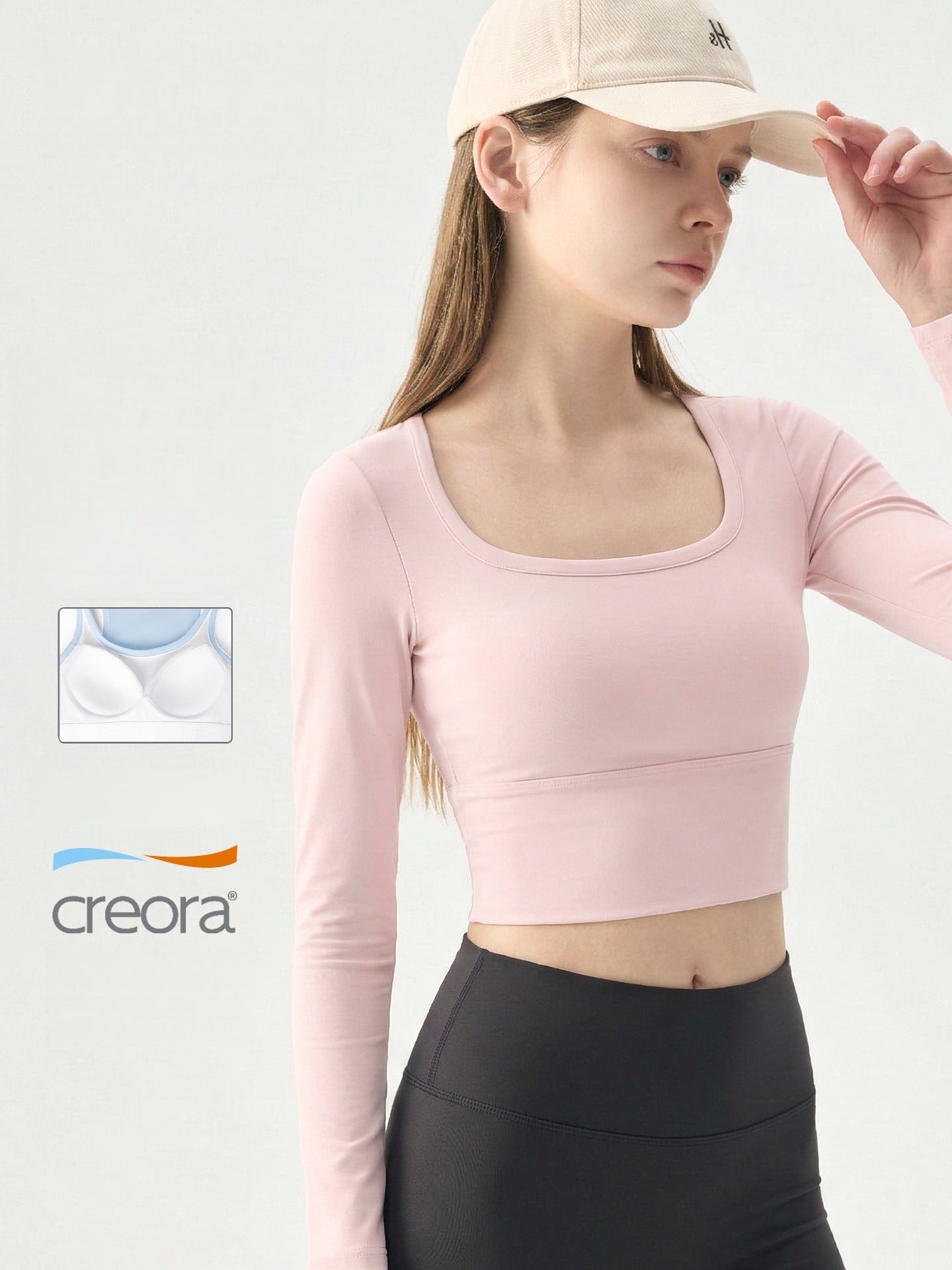 Women U Neck Long Sleeve Yoga Top Built-in Bra Premium Workout