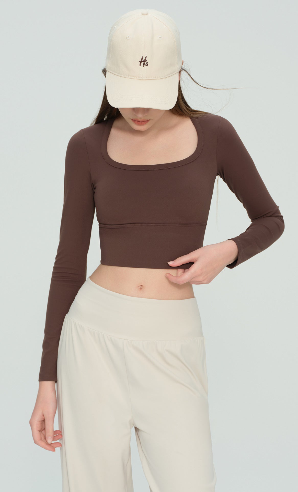 Women U Neck Long Sleeve Yoga Top Built-in Bra Premium Workout