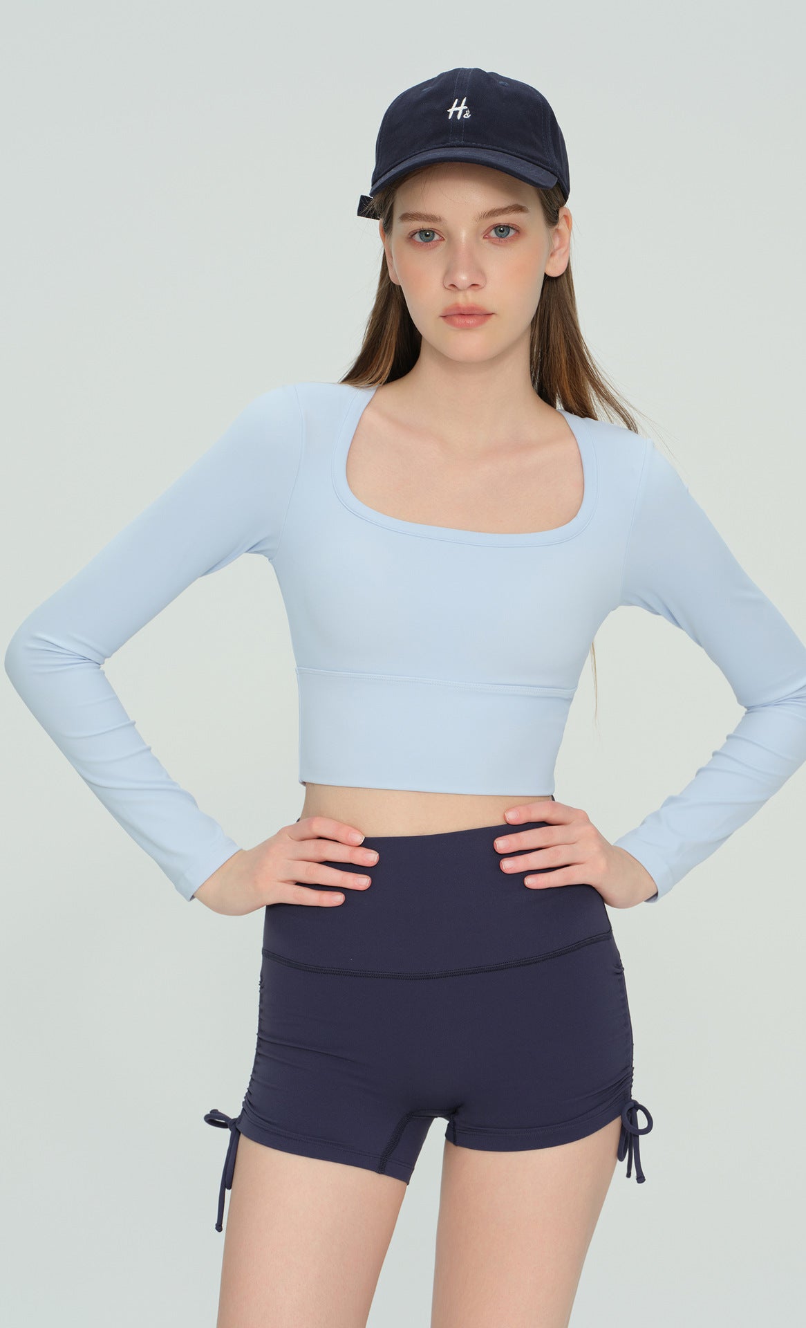 Women U Neck Long Sleeve Yoga Top Built-in Bra Premium Workout