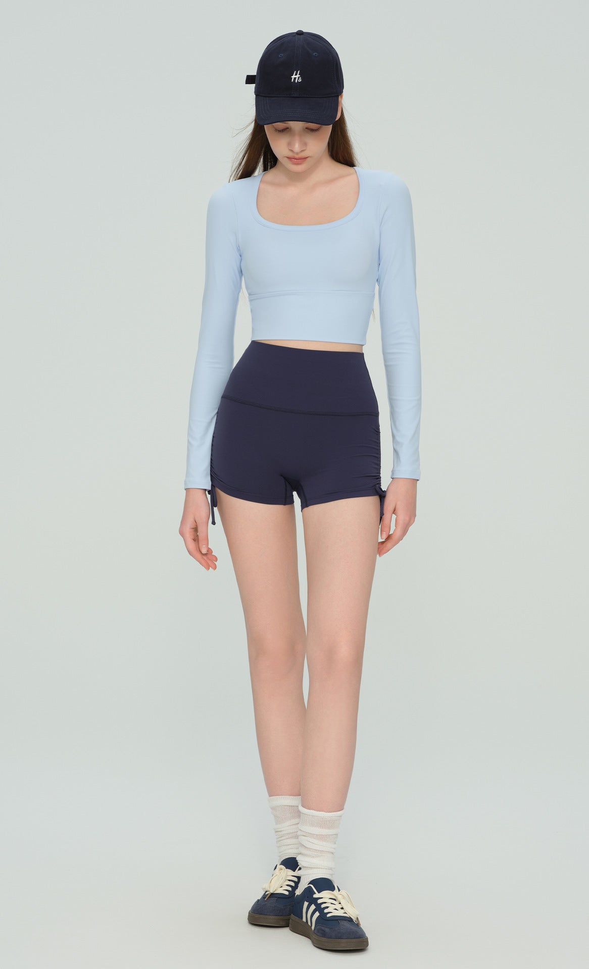 Women U Neck Long Sleeve Yoga Top Built-in Bra Premium Workout