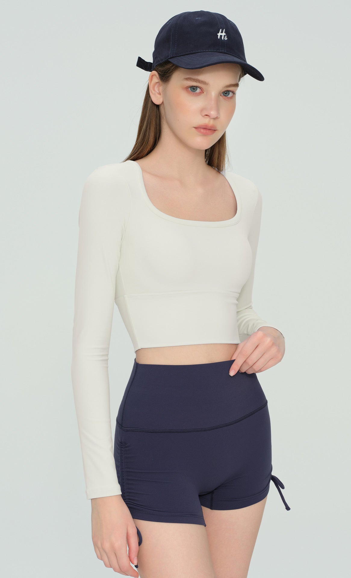 Women U Neck Long Sleeve Yoga Top Built-in Bra Premium Workout