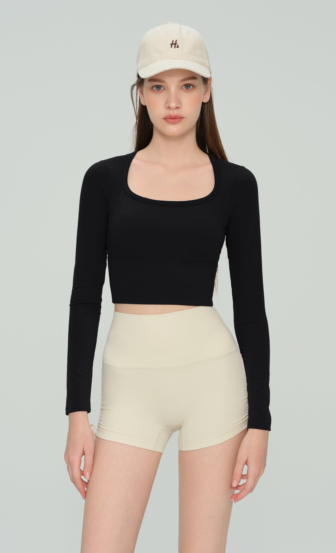 Women U Neck Long Sleeve Yoga Top Built-in Bra Premium Workout