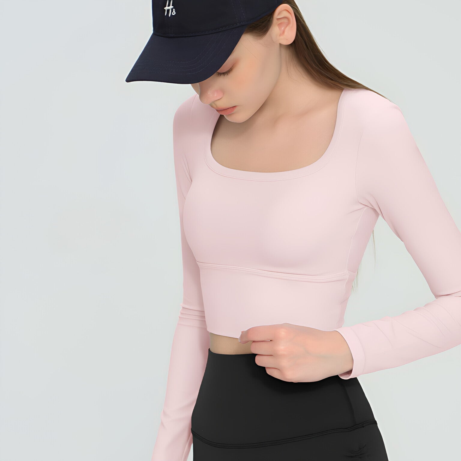 Women U Neck Long Sleeve Yoga Top Built-in Bra Premium Workout