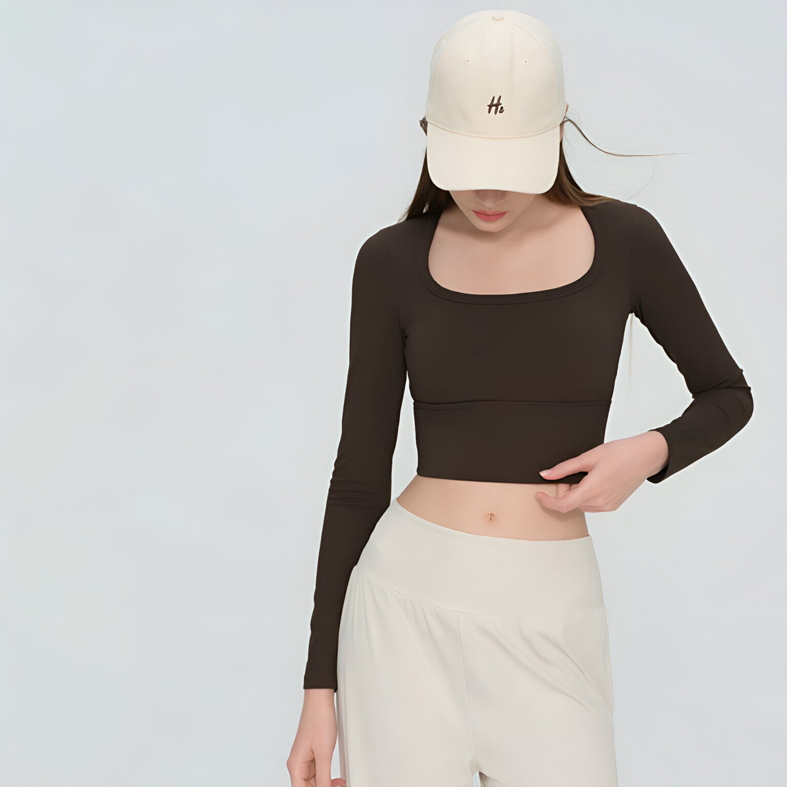 Women U Neck Long Sleeve Yoga Top Built-in Bra Premium Workout