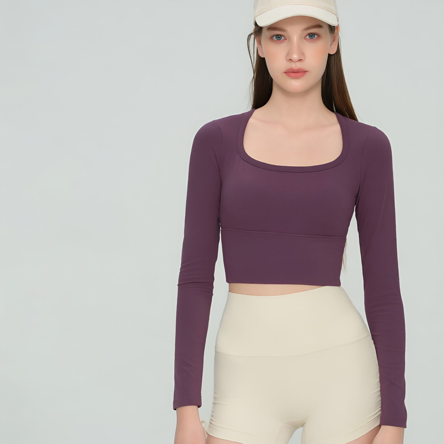 Women U Neck Long Sleeve Yoga Top Built-in Bra Premium Workout