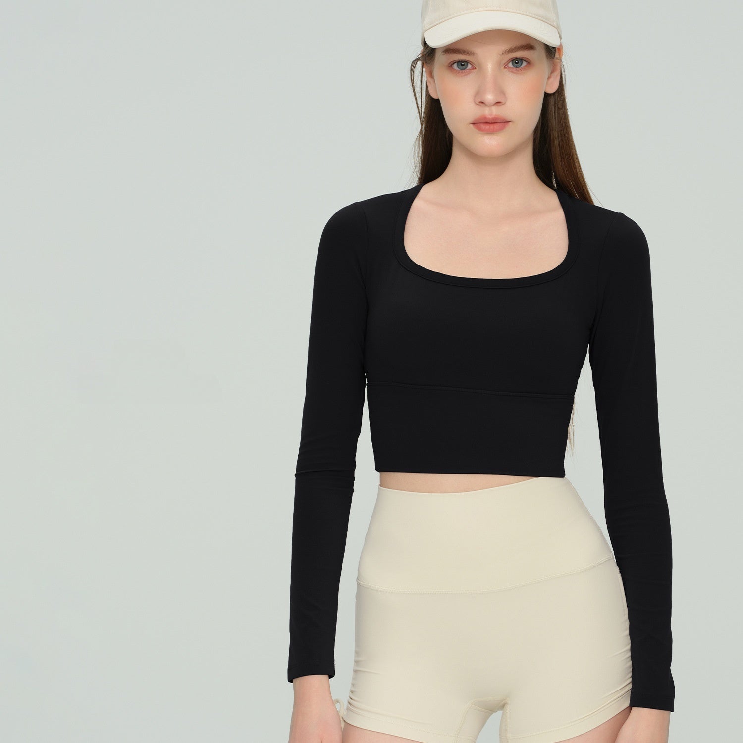 Women U Neck Long Sleeve Yoga Top Built-in Bra Premium Workout