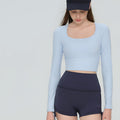 Women U Neck Long Sleeve Yoga Top Built-in Bra Premium Workout
