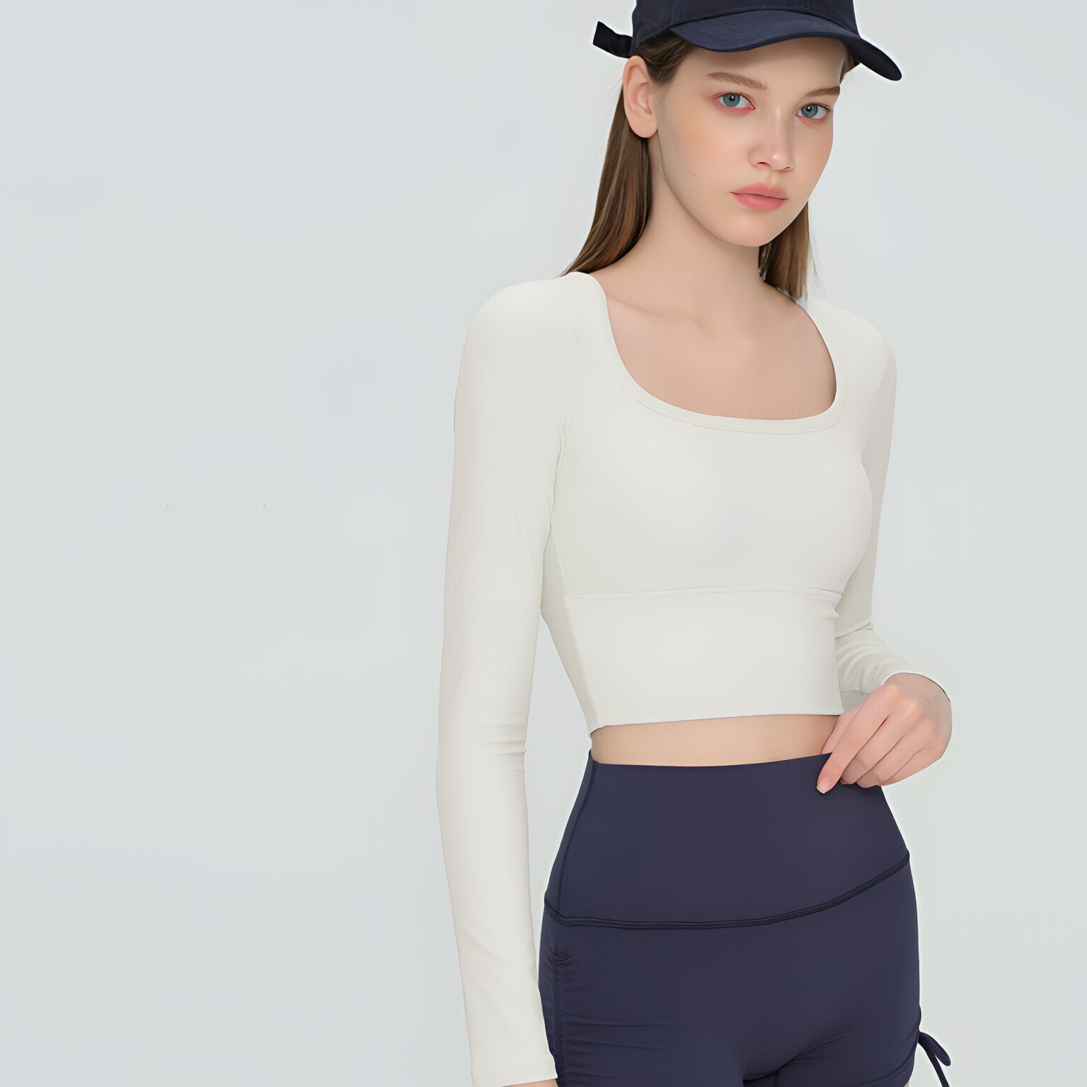 Women U Neck Long Sleeve Yoga Top Built-in Bra Premium Workout
