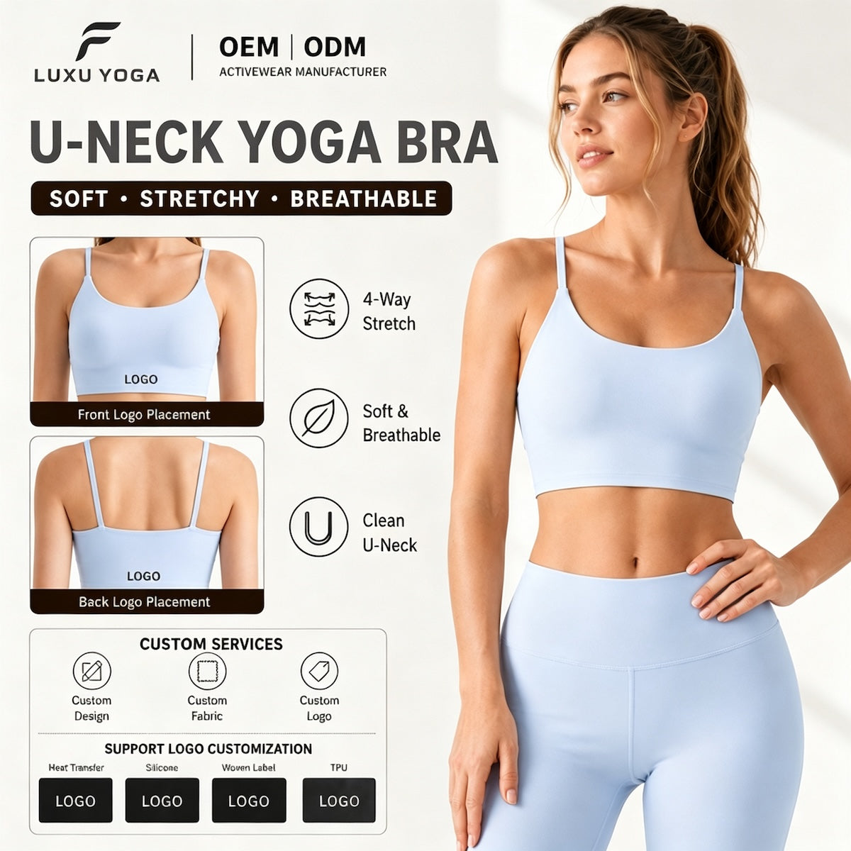 Women U-Neck Yoga Bra Soft Stretchy Breathable Sports Bra Activewear Top